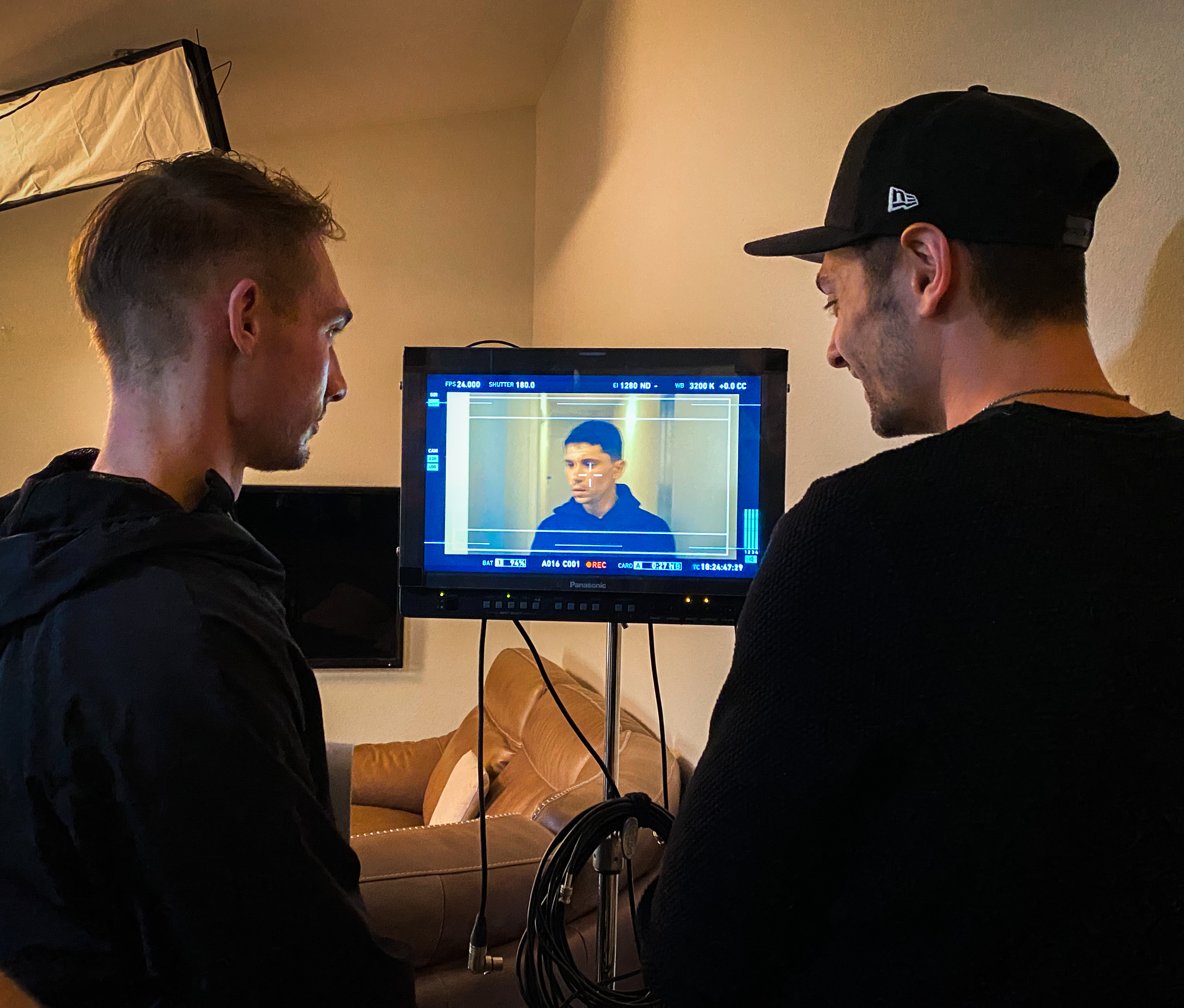 David Rice and Nick Cassidy observe a take from video village